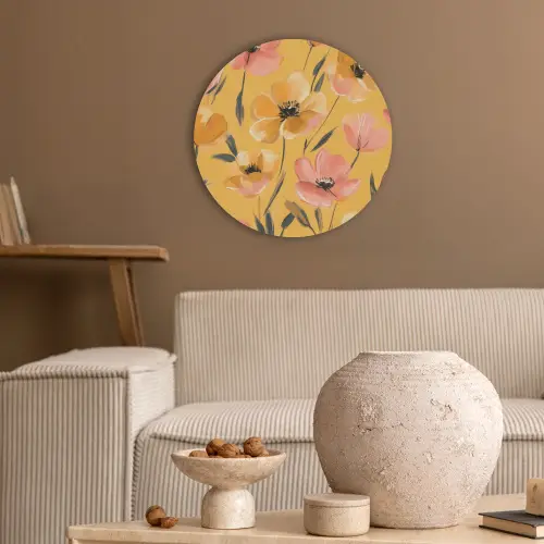 Bloemen - Geschilderd - Geel Akoestische PET Vilt - Rond klein -sfeer1