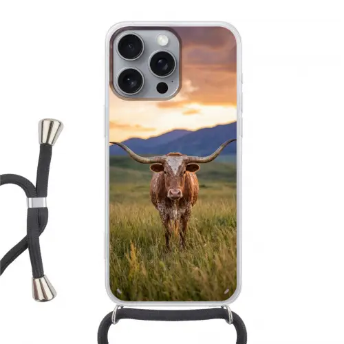 Longhorn - Landschap - Zonsondergang Hoesje iPhone 16 Pro Max met koord klein -3d