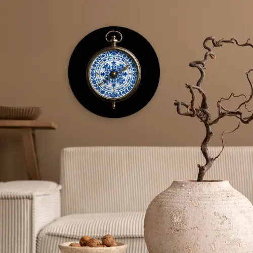 Kompas - Delfts blauw - Zwart Wandcirkel kunststof plaat 5mm dik klein -sfeer1