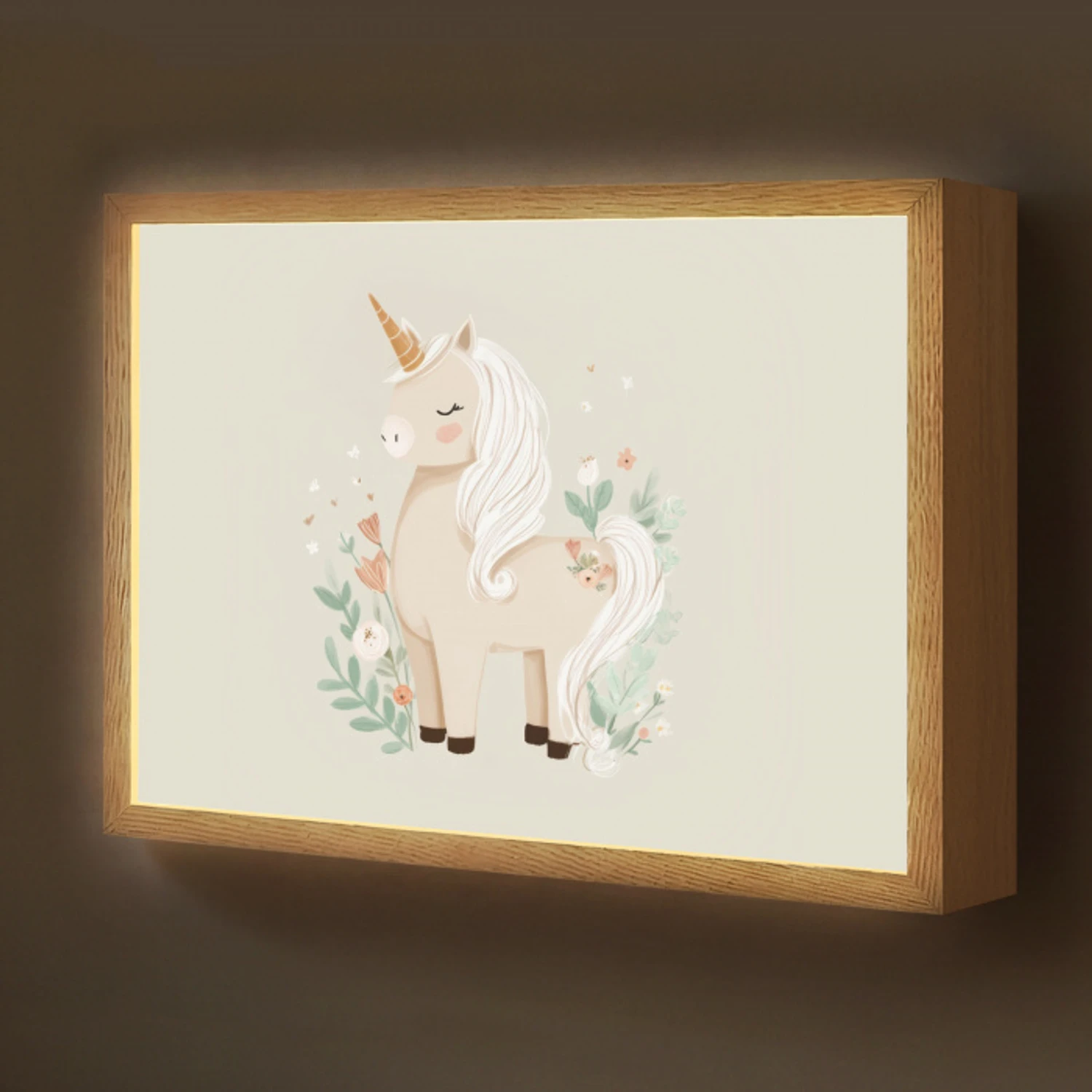 Eenhoorn - Bloemen - Beige Light Box met batterij (Wandlamp kind) middel -z3d_website