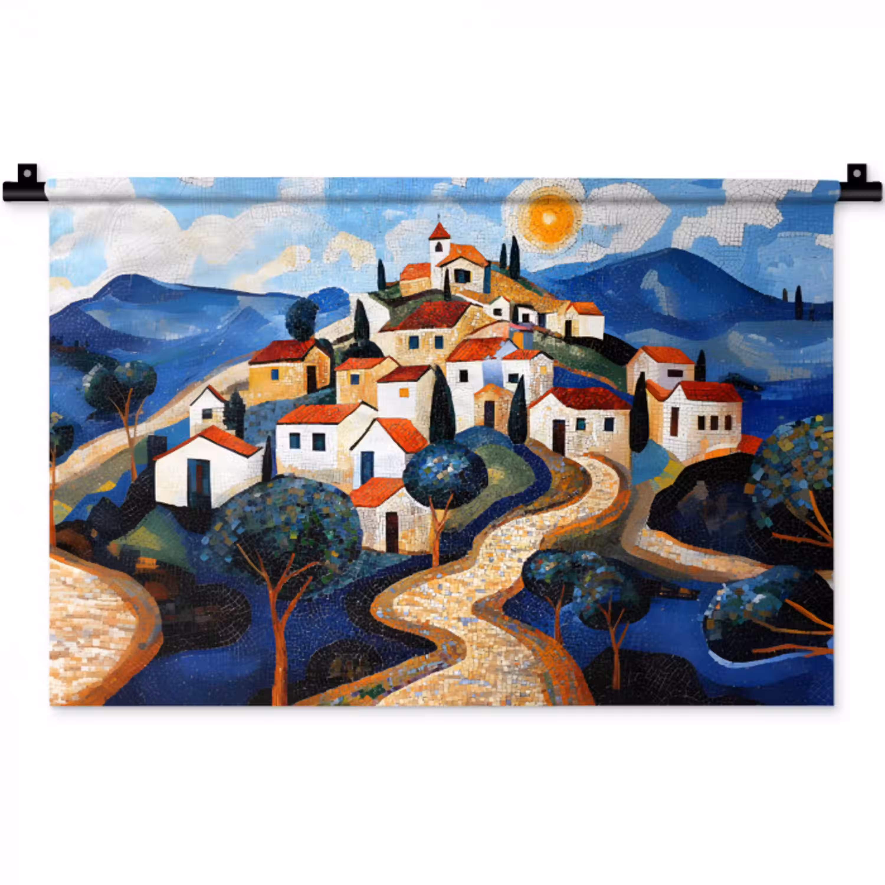 Dorp - Heuvelachtig - Zon - Mozaïek Wandkleed katoen klein -zz3d