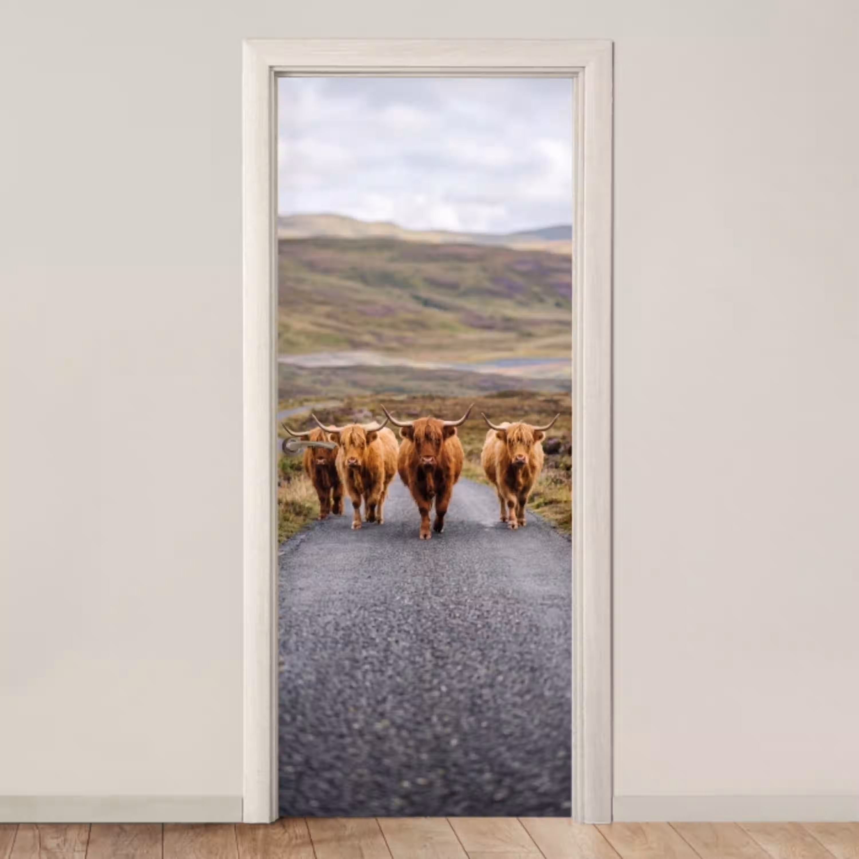 Schotse Hooglanders - Weg - Landschap - Kudde deurposter klein -3d_beige