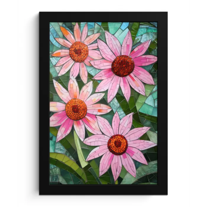 Bloemen - Roze - Glasmozaïek fotolijst zwart zonder passe partout klein -3d