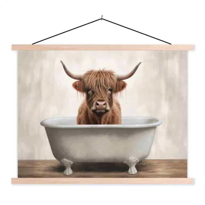 Schotse hooglander - Bad - Badkamer - Badkuip - Bruin - Horens textielposter latten blank klein -3d