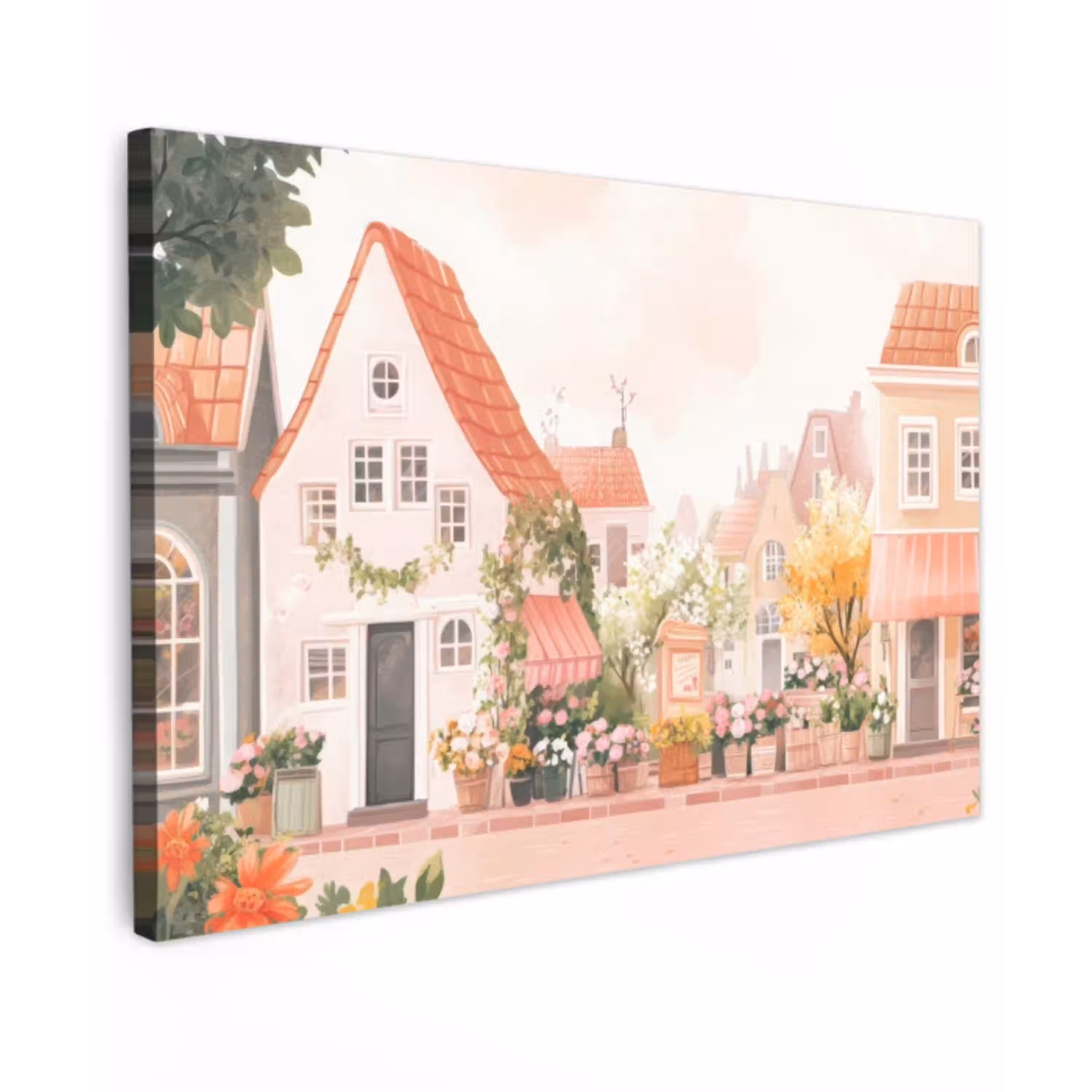 Bloemen - Huizen - Dorp Tuinposter op houten frame 2 cm dik klein -3d