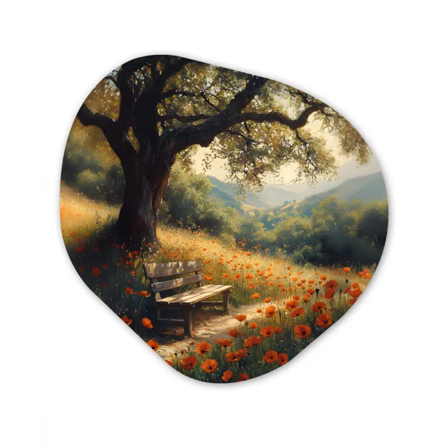 Bankje - Boom - Klaprozen - Heuvels Wandcirkel Organisch Forex 3mm klein -3d