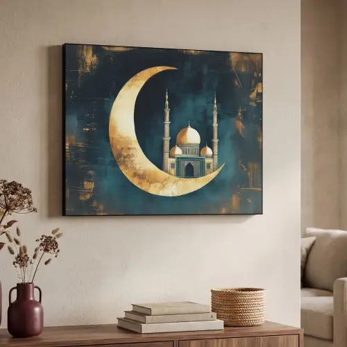Moskee - Halve maan - Goud - Ramadan - Islamitische Textielframe zwart klein -sfeer3