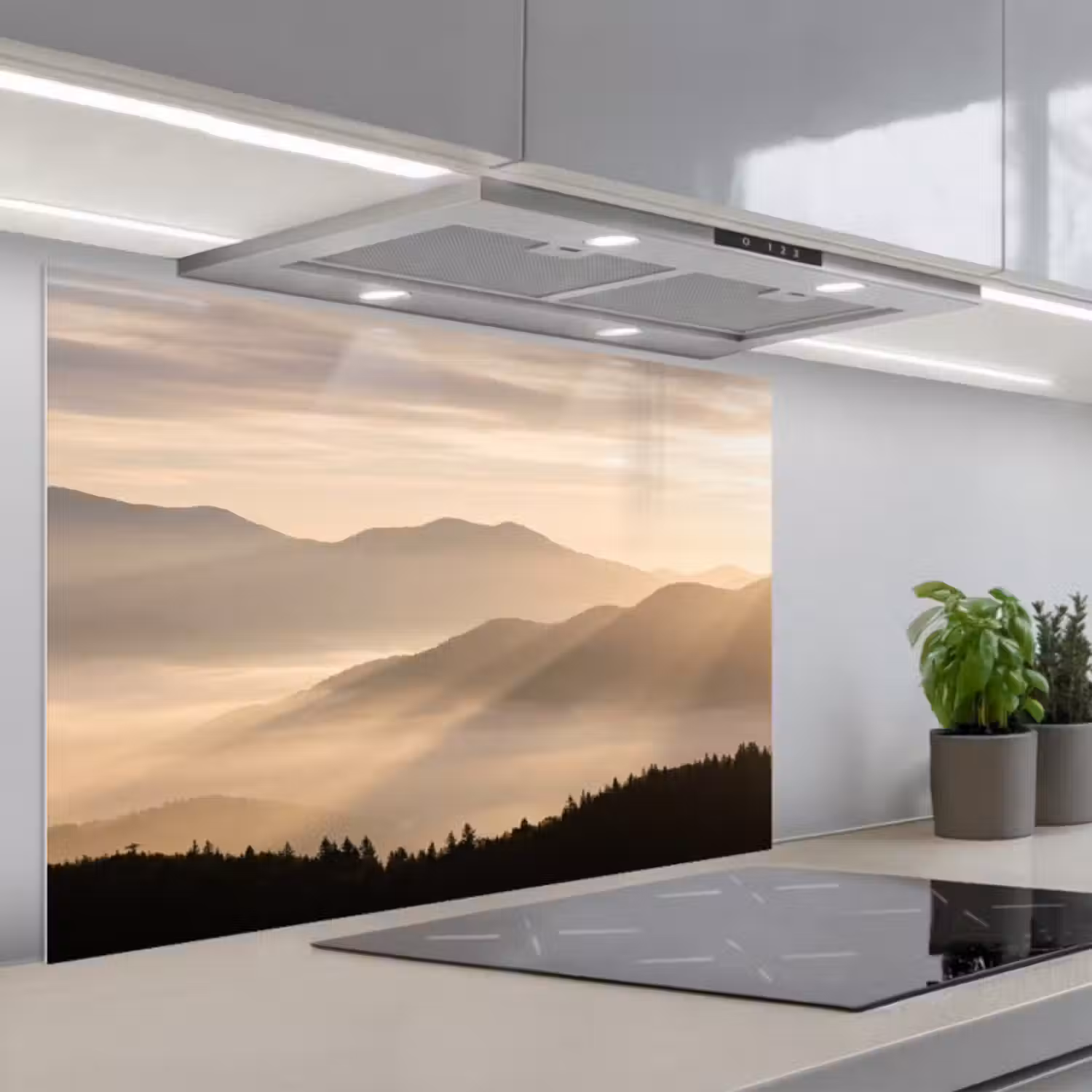 Spritzschutz Küche - Berge - Nebel - Sonnenstrahlen