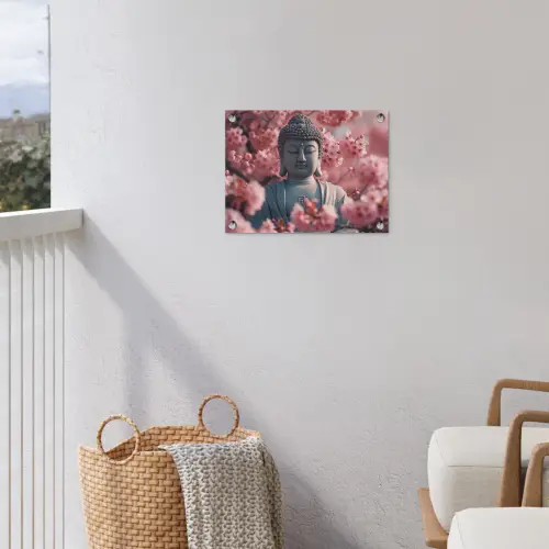 Boeddha tussen de kersenbloesems tuinposter los doek klein -sfeer8
