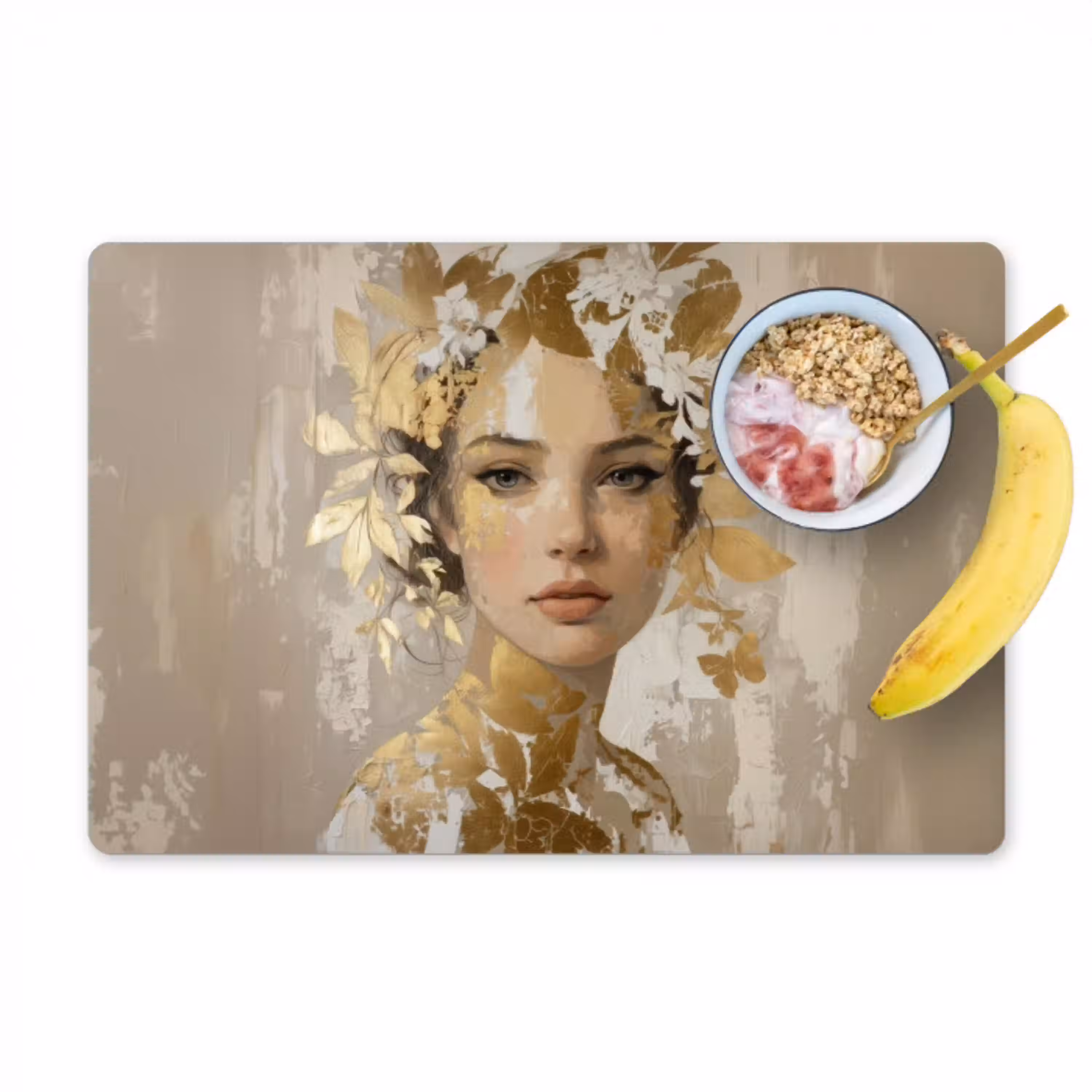 Gezicht - Vrouw - Bladeren - Goud Placemat vinyl groot -zzzproduct_Kitchenyeah-website
