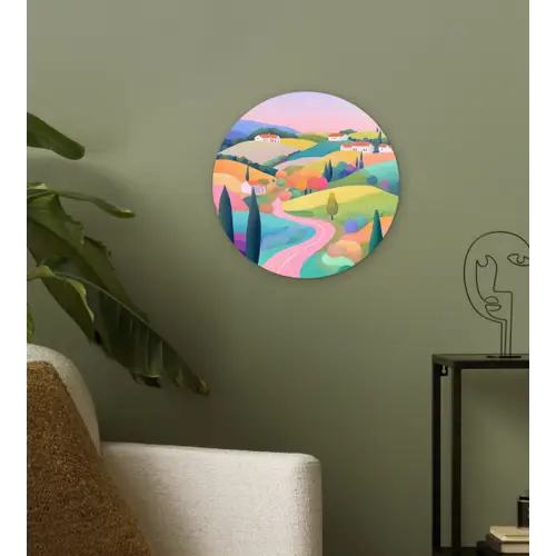 Landschap - Paars - Pastel - Huizen Wandcirkel plexiglas klein -sfeer3