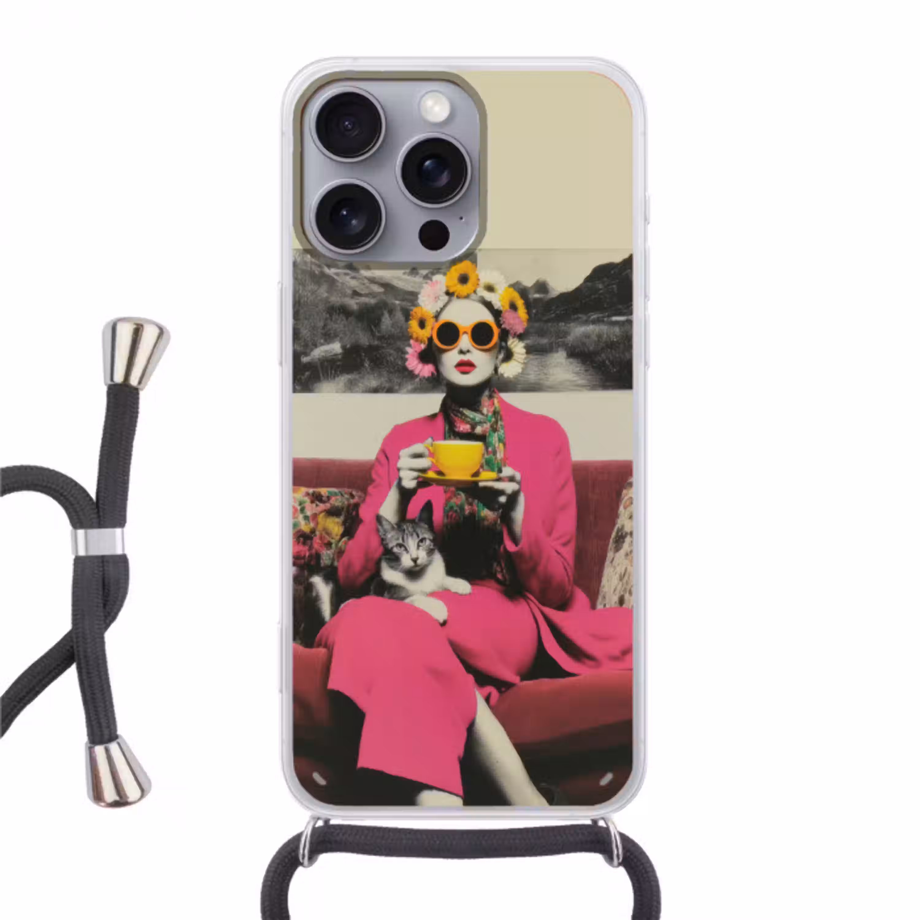 Vrouw - Kat - Bloemen - Kopje - Retro Hoesje iPhone 16 Pro Max met koord klein -3d