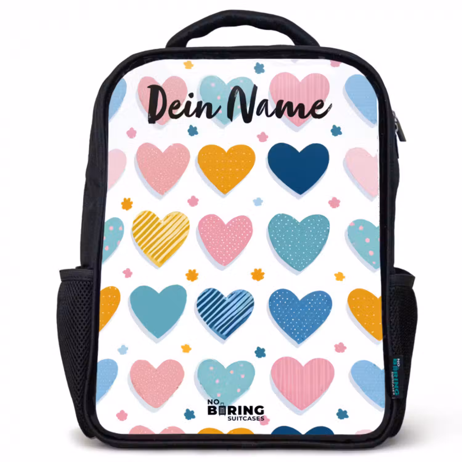 Kinderrucksack mit Namen - Schwarz - Herzen - Pastell - Muster