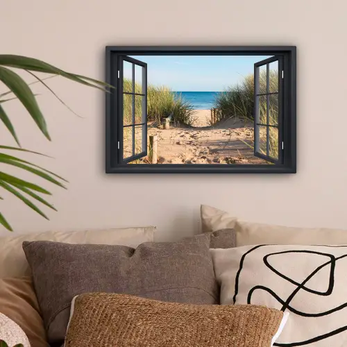 Doorkijk - Strand - Zee - Zand - Water - Helmgras - Duinen canvas 2cm klein -sfeer1