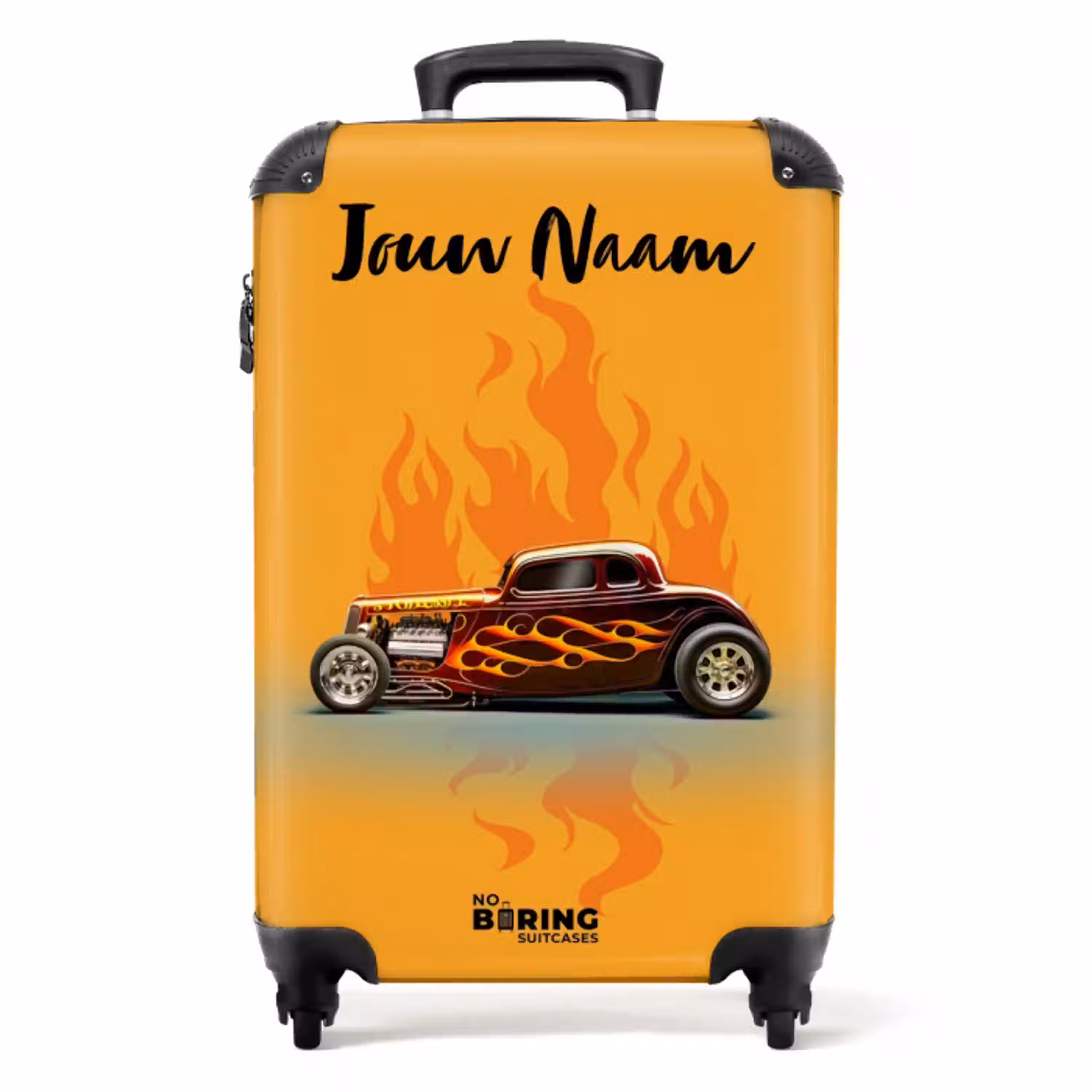 Bruine auto met gele vlammen NBS - Handbagage koffer - Kinderen Unisex middel -productfoto_recht