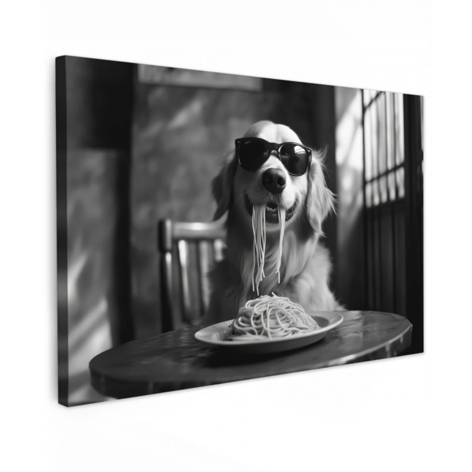 Golden Retriever - Hond - Vrolijk -  Bord spaghetti - Zwart - wit Tuinposter op houten frame 2 cm dik klein -3d