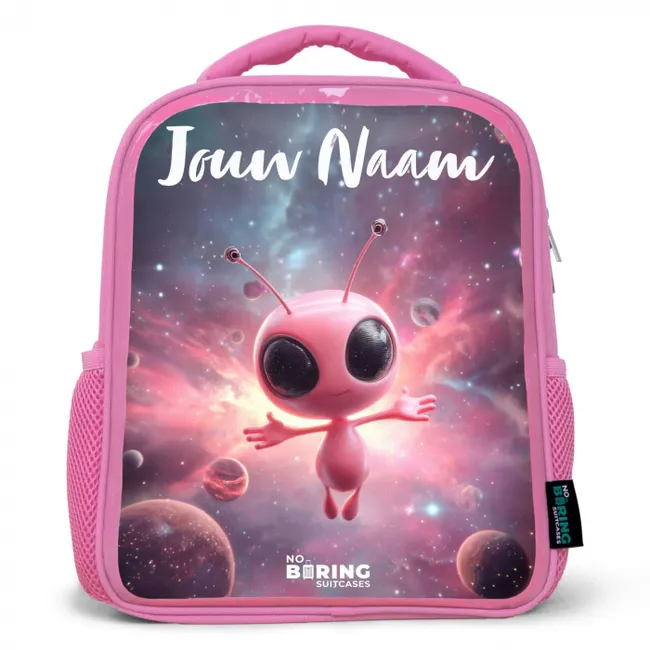 Rugzak kind met naam - Roze Roze Alien in Sterrennevel