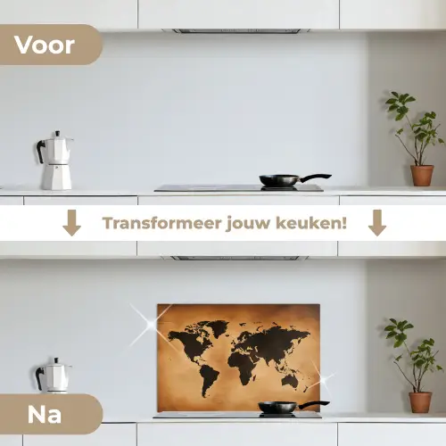 Wereldkaart - Bruin - Kaart keuken achterwand spatscherm klein -voor_na_NL