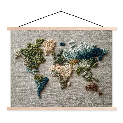 Wereldkaart - Geborduurd - Aardetinten textielposter latten blank klein -3d