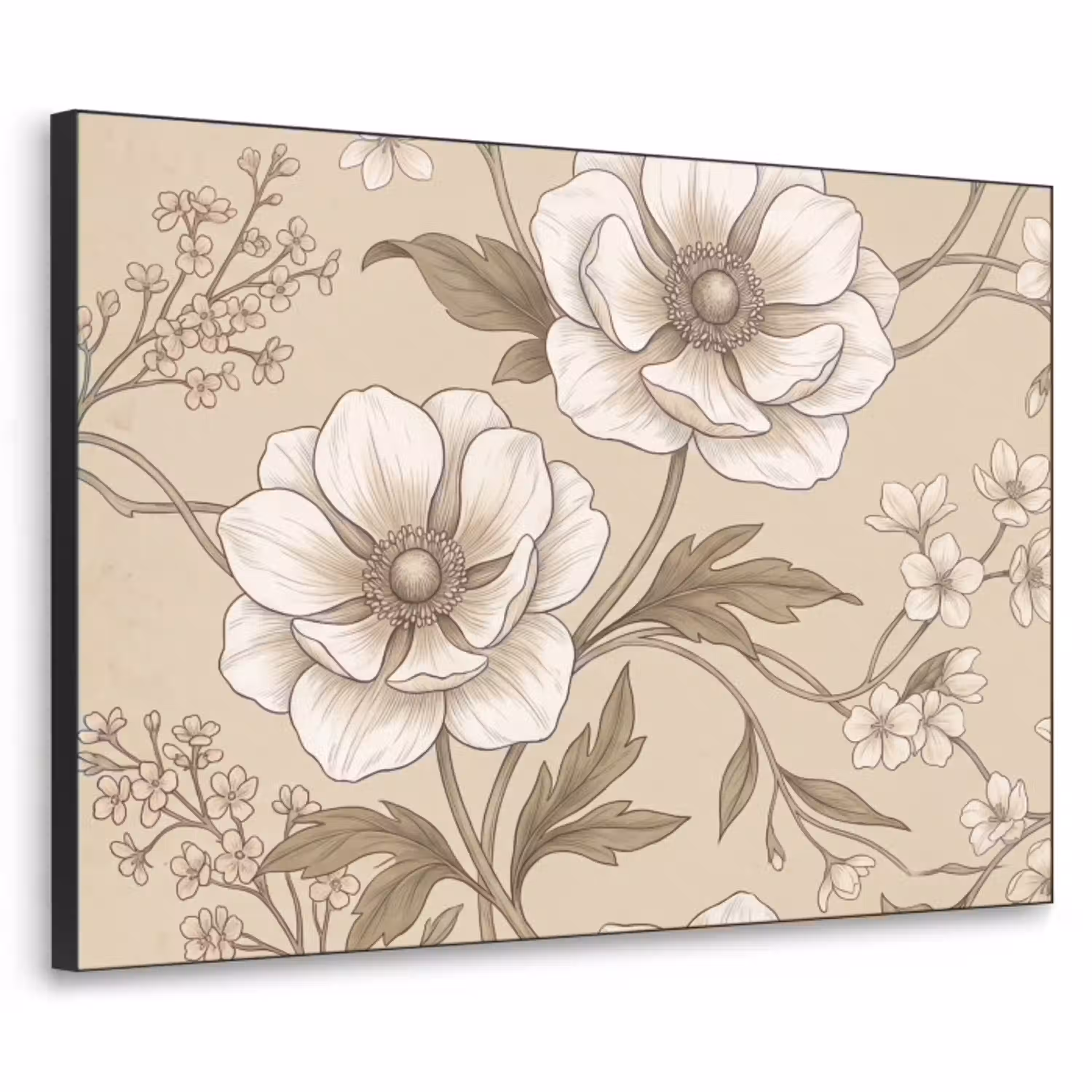 Bloemen - Patroon - Beige Textielframe zwart klein -3d