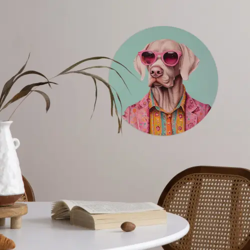 Hond - Overhemd - Bloemen - Bril Wandcirkel behangsticker klein -sfeer3