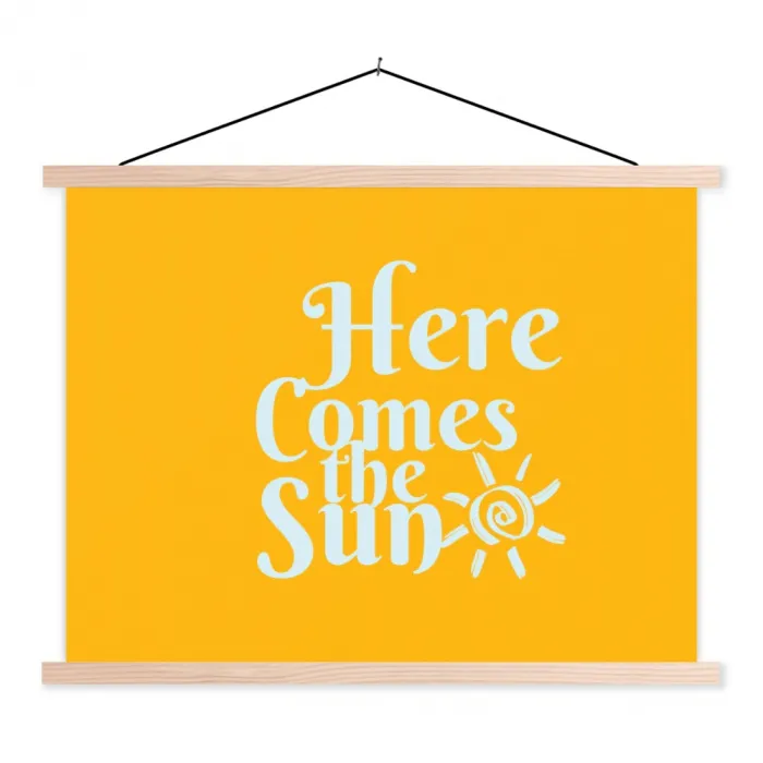 Geel - Blauw - Here comes the sun textielposter latten blank klein -3d