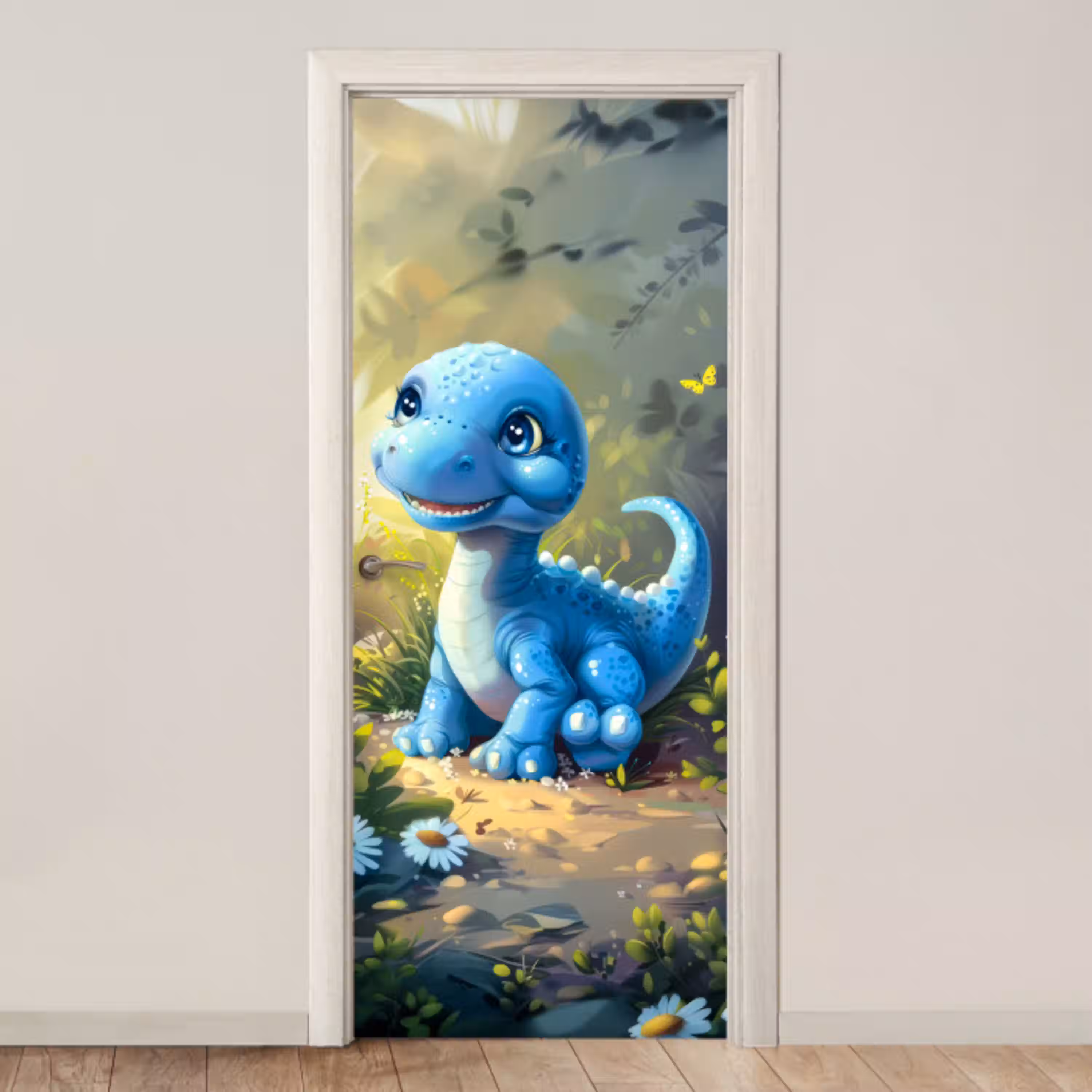 Dino - Blauw - Baby - Dinosaurus deurposter klein -3d_beige