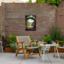 Doorkijk - Rozenboog - Uitzicht - Landschap - Bloemen Tuinposter op houten frame 2 cm dik klein -sfeer3