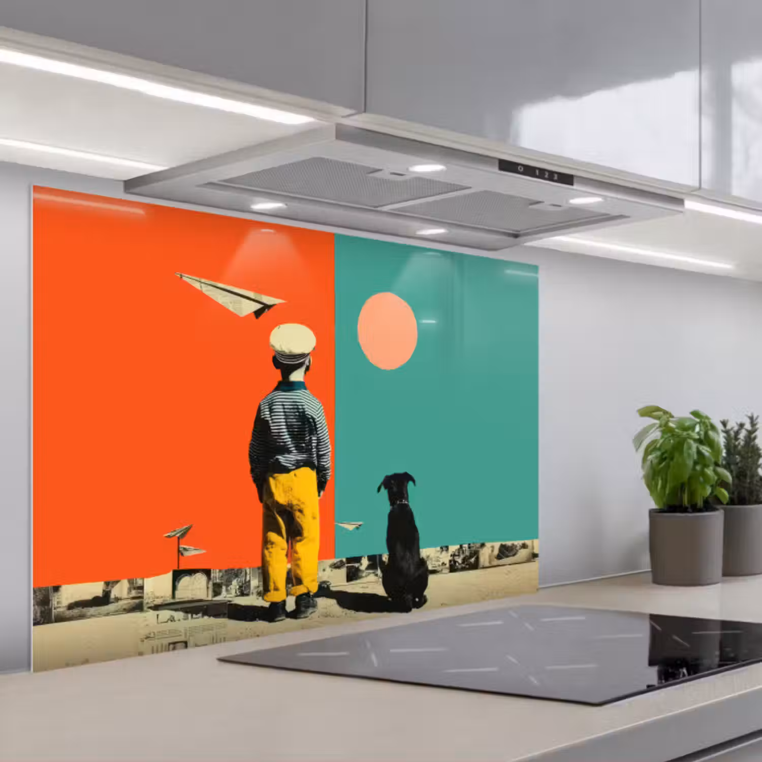 Spatscherm keuken - Retro - Jongen - Hond - Rood - Groen
