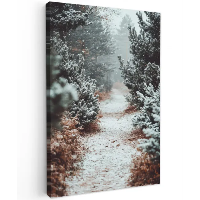 Bos - Winter - Bomen - Natuur - Pad - Sneeuw Tuinposter op houten frame 2 cm dik klein -3d