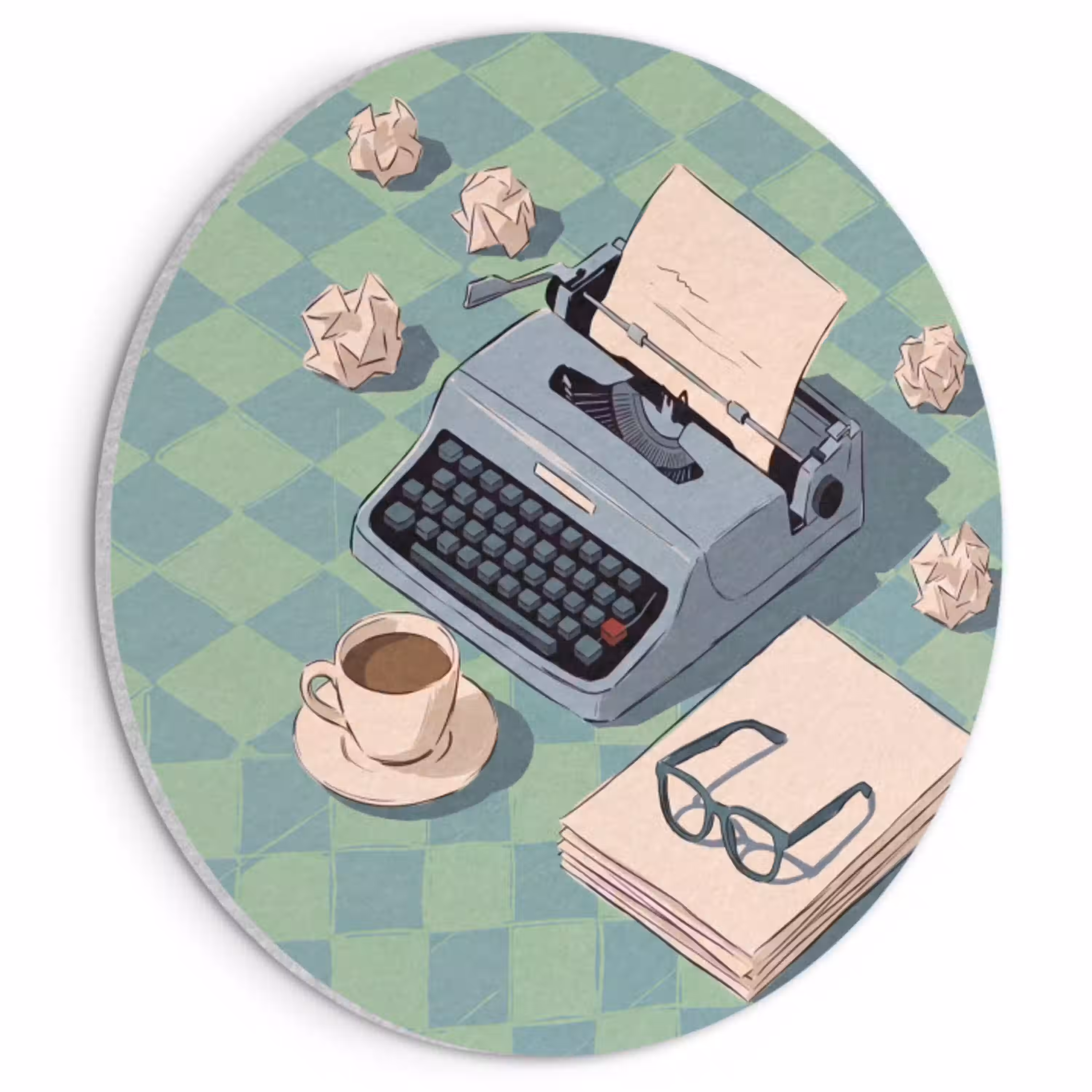 Typemachine - Kantoor - Vintage - Illustratie - Groen Akoestische PET Vilt - Rond klein -3d