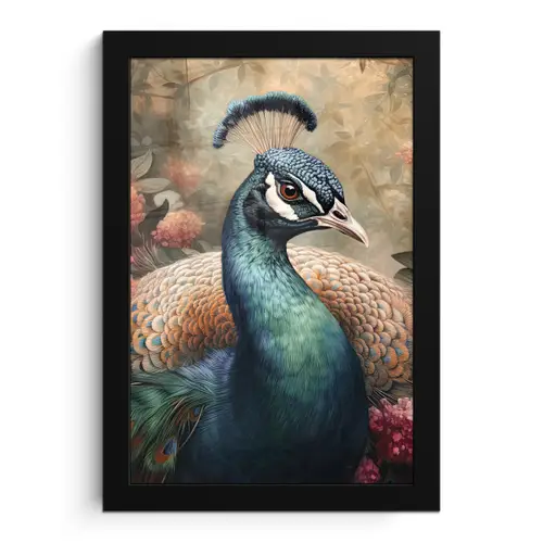 Pauw - Vogel - Bloemen - Planten - Pauwenveren fotolijst zwart zonder passe partout klein -3d