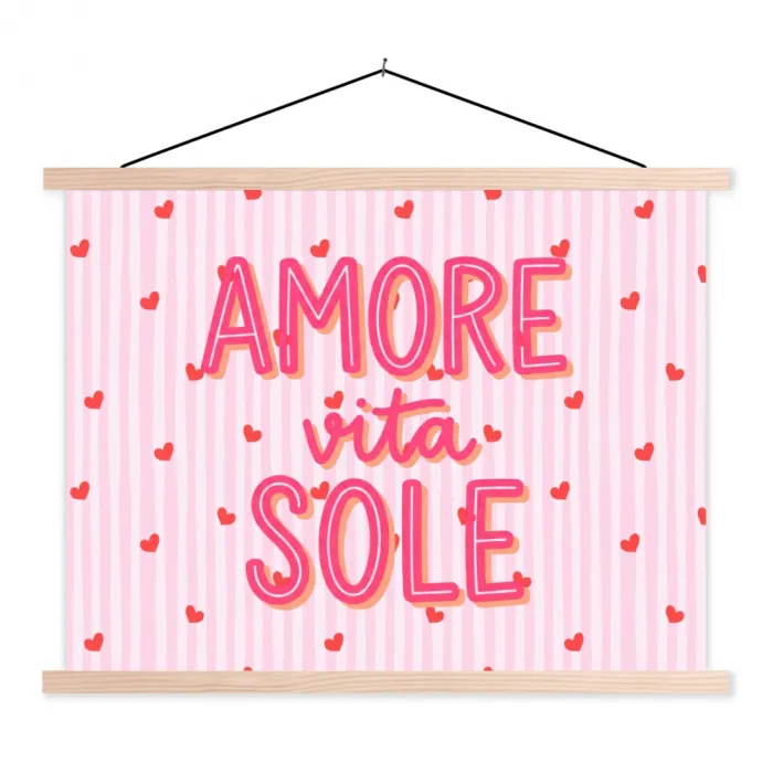 Amore vita sole - Roze - Hartjes textielposter latten blank klein -3d