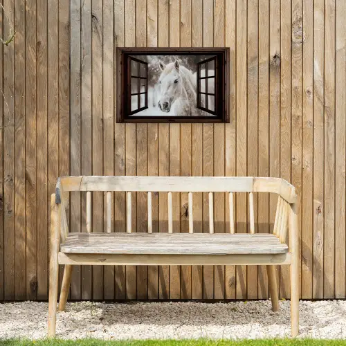 Doorkijk - Paard - Wit - Winterlandschap - Sneeuw Tuinposter op houten frame 2 cm dik klein -sfeer4
