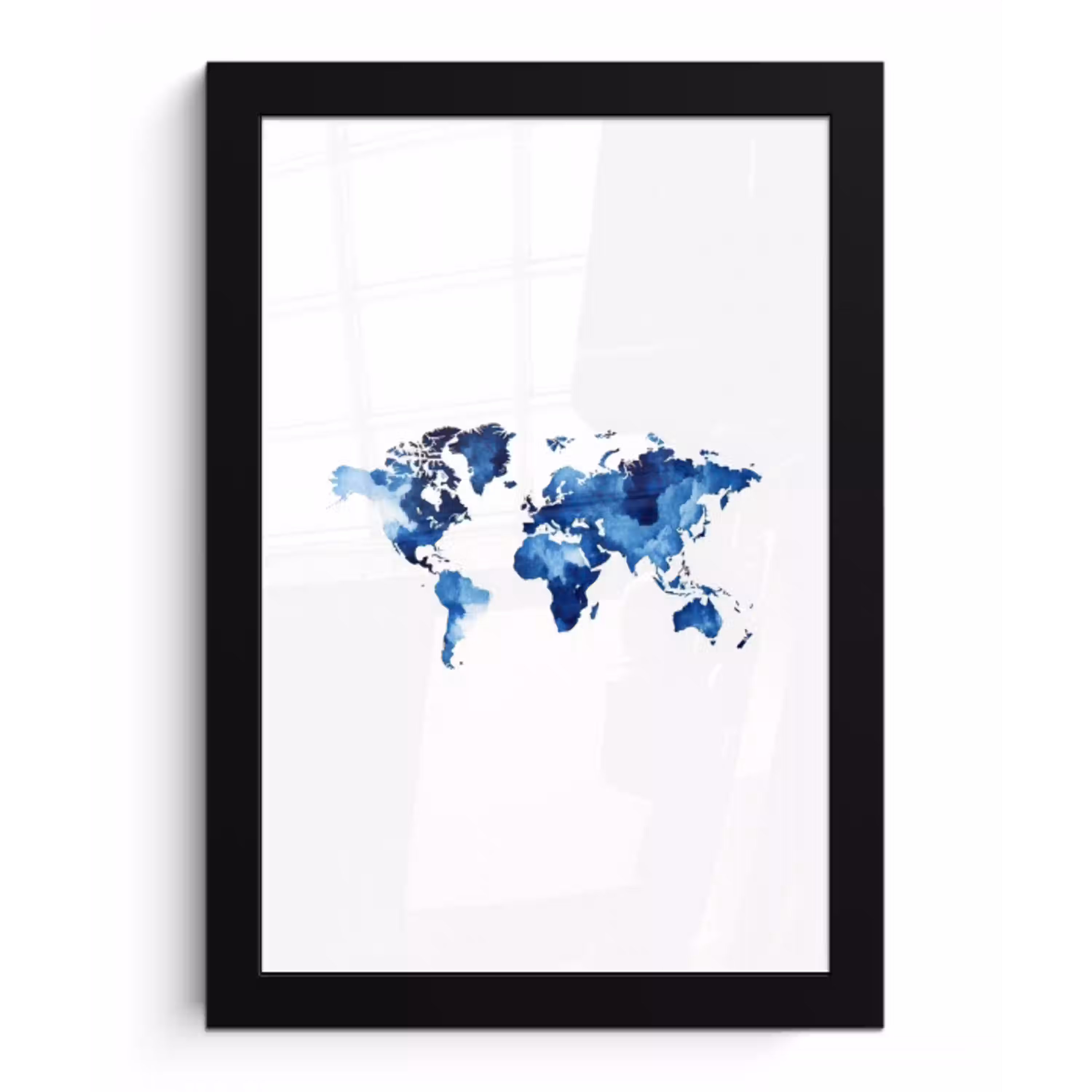 Indigo - Wereldkaart - Aquarel fotolijst zwart zonder passe partout klein -3d