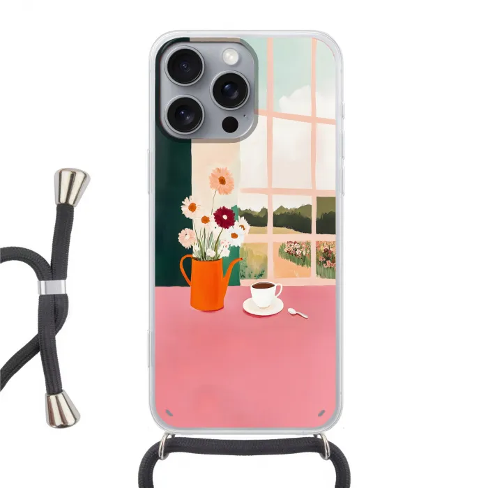 Bloemen - Koffie - Raam Hoesje iPhone 16 Pro Max met koord klein -3d