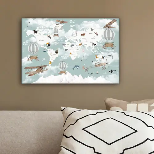 Wereldkaart - Kind - Vliegtuig canvas 2cm klein -sfeer3