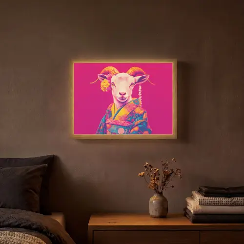 Geit - Hoorns - Kimono - Kleurrijk Light Box met batterij (Wandlamp) middel -sfeer4