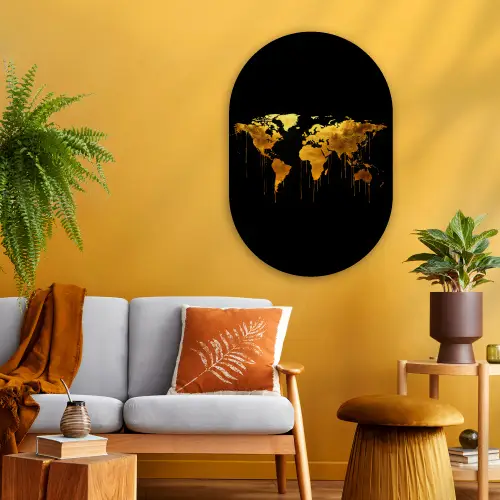 Wereldkaart - Goud - Druipen - Zwart Wandcirkel Ovaal Glas middel -sfeer4