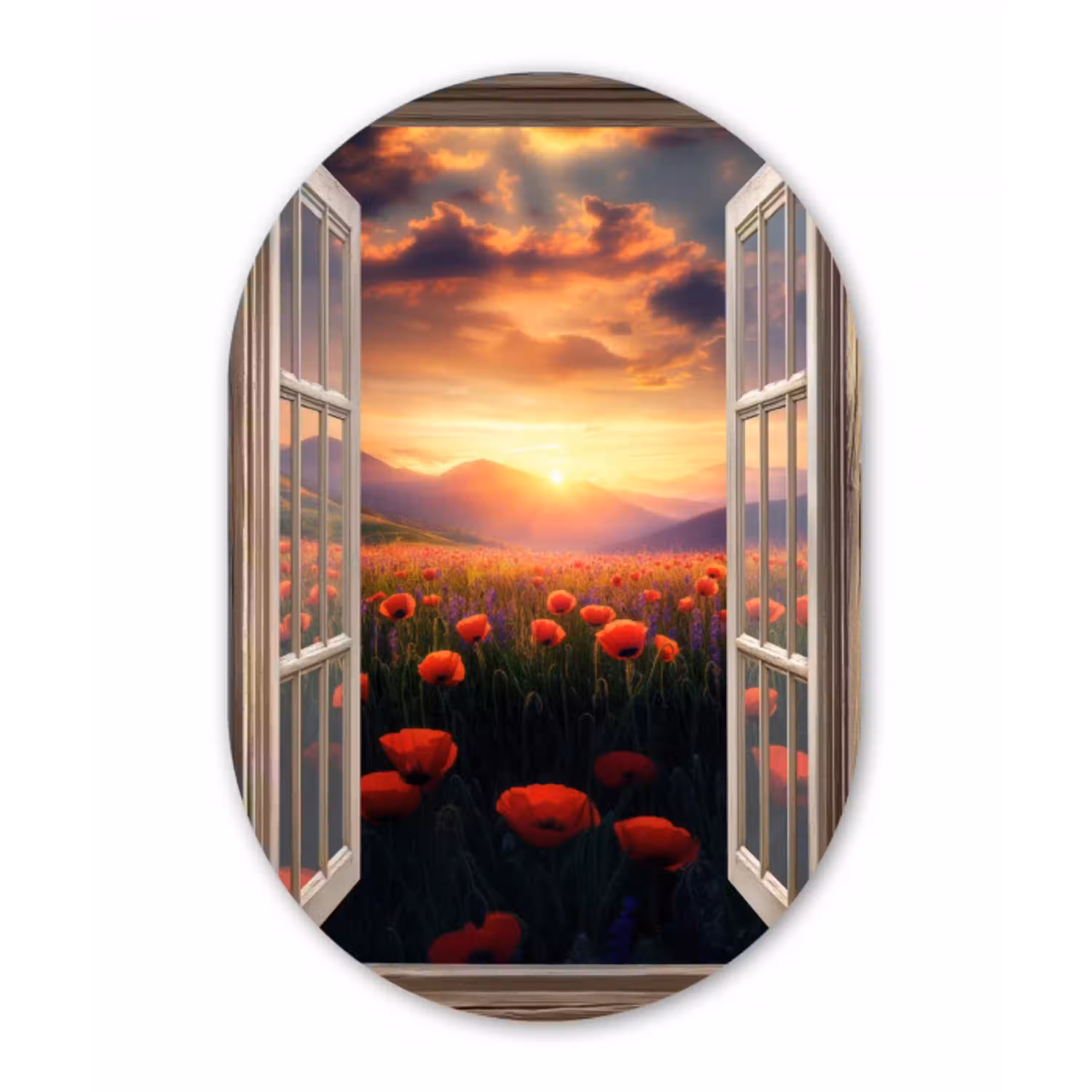 Doorkijk - Klaprozen - Bloemen - Rood - Open raam Wandcirkel Ovaal Glas middel -3d