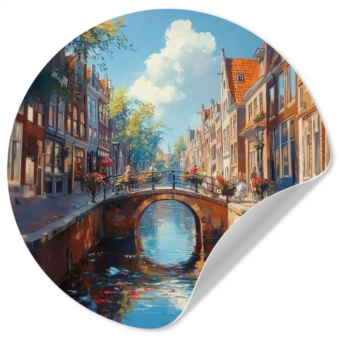 Stad - Gracht - Zon - Fietsen Wandcirkel behangsticker klein -3d