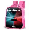 Sportauto - Blauw - Neon - Stad Kinderrugzak - Roze middel -schuin