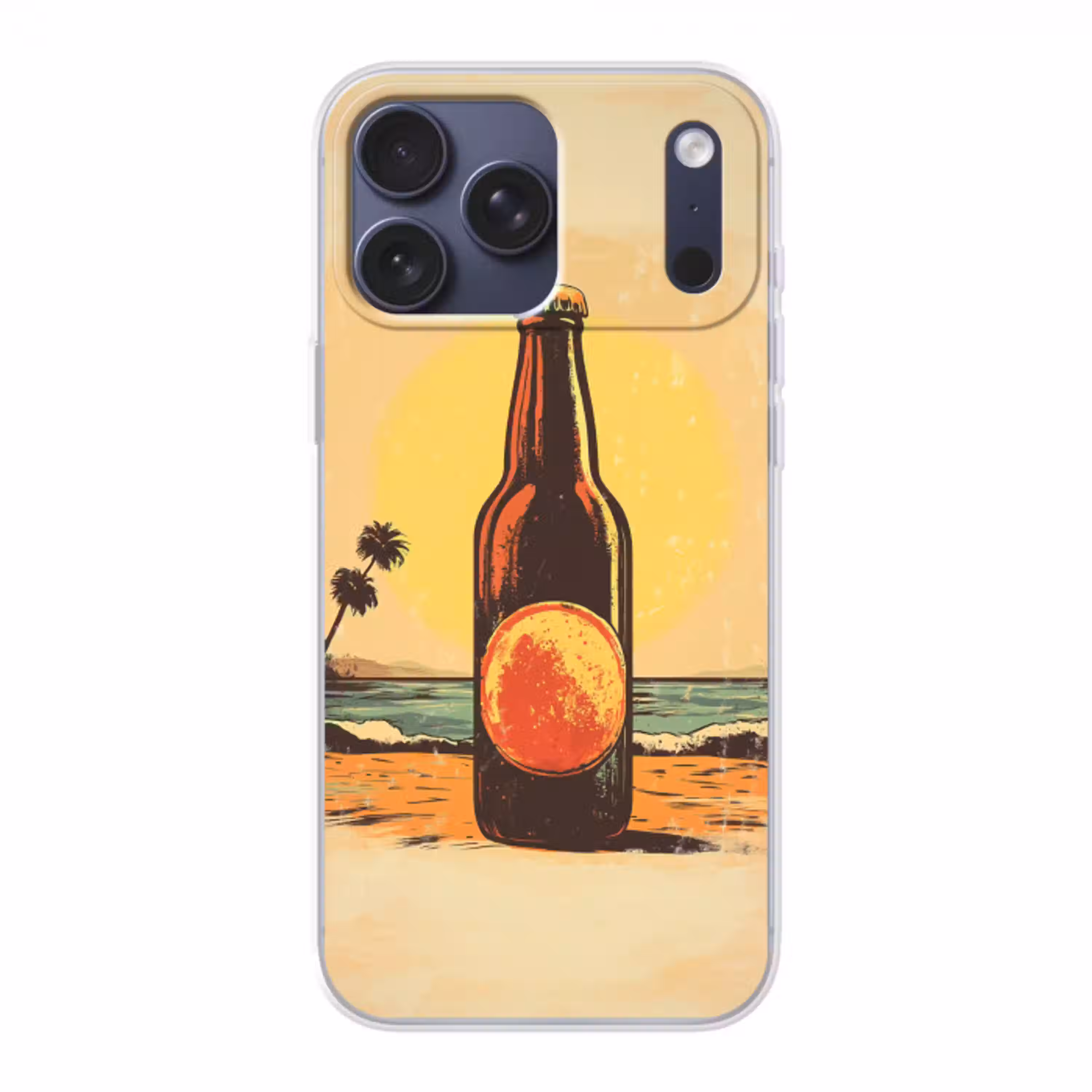 Bierfles - Zonsondergang - Palmbomen - Zee Telefoonhoesje iPhone 17 Pro Max klein -3d