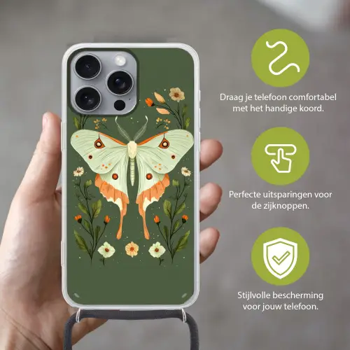 Bloemen - Bladeren - Olijfgroen - Vlinder Hoesje iPhone 16 Pro Max met koord klein -sfeer2_NL