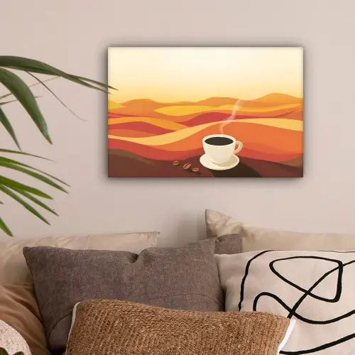 Koffie - Landschap - Oranje - Koffiebonen canvas 2cm klein -sfeer1