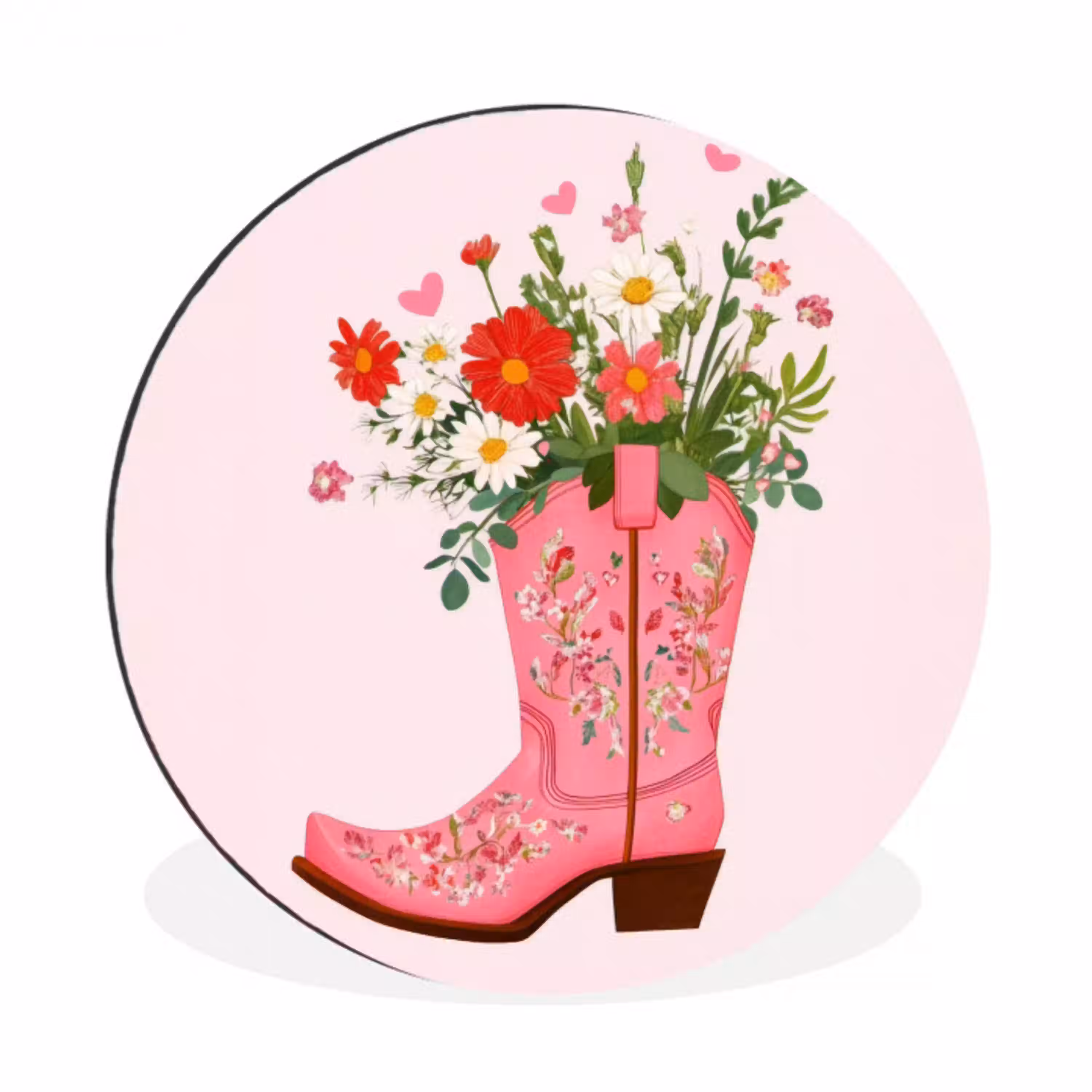 Cowboylaarzen - Roze - Boeket - Bloemen Wandcirkel aluminium klein -3d
