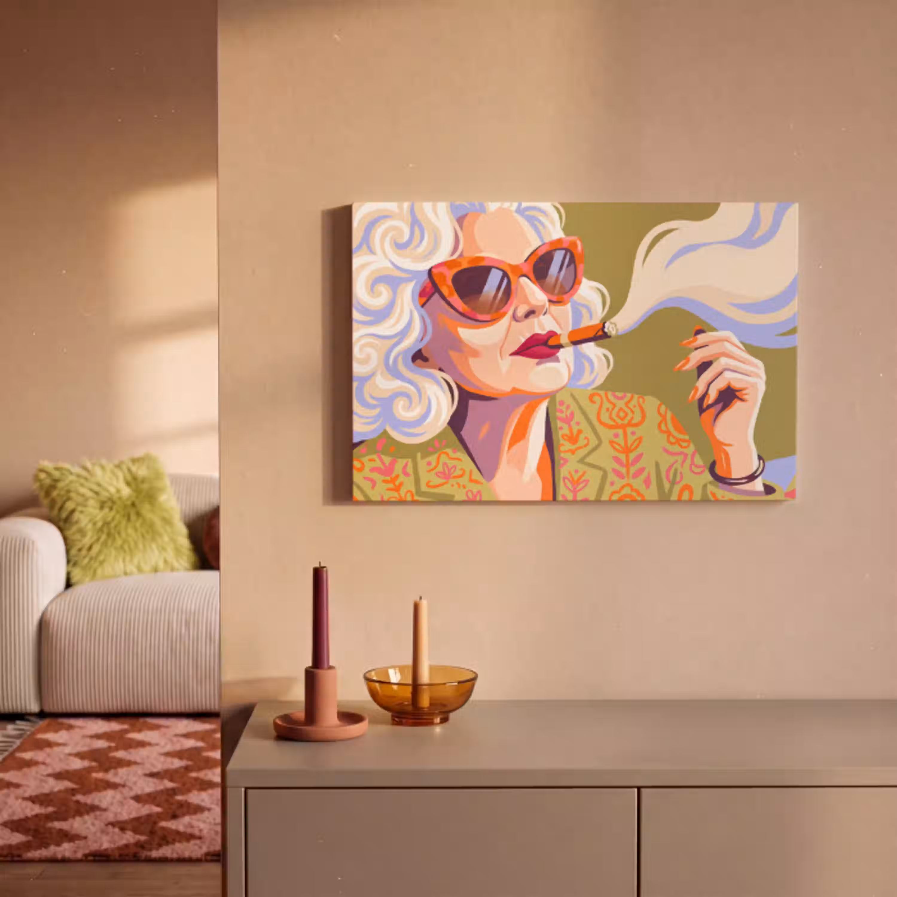 Vrouw - Zonnebril - Portret - Modern - Kleurrijk canvas 2cm klein -sfeer1