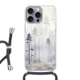Bos - Bomen - Mist - Natuur - Illustratie - Grijs Hoesje iPhone 16 Pro Max met koord klein -3d