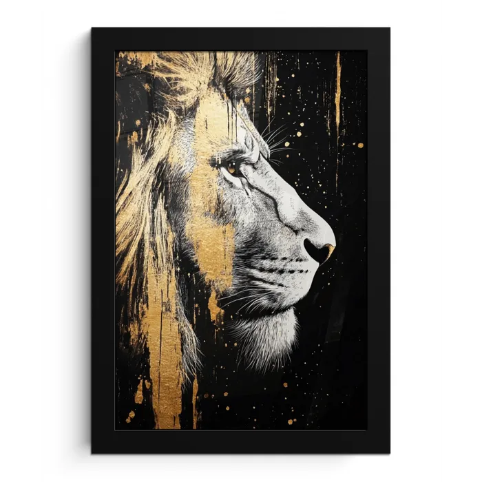 Portret - Leeuw - Abstract - Goud fotolijst zwart zonder passe partout klein -3d