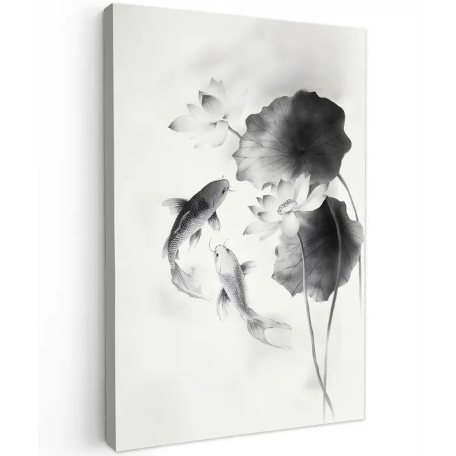 Lotusbloemen - Vissen - Bladeren - Zwart Tuinposter op houten frame 2 cm dik klein -3d